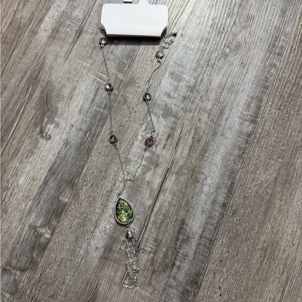 Silver Necklace with Green Accents Vintage Y2K